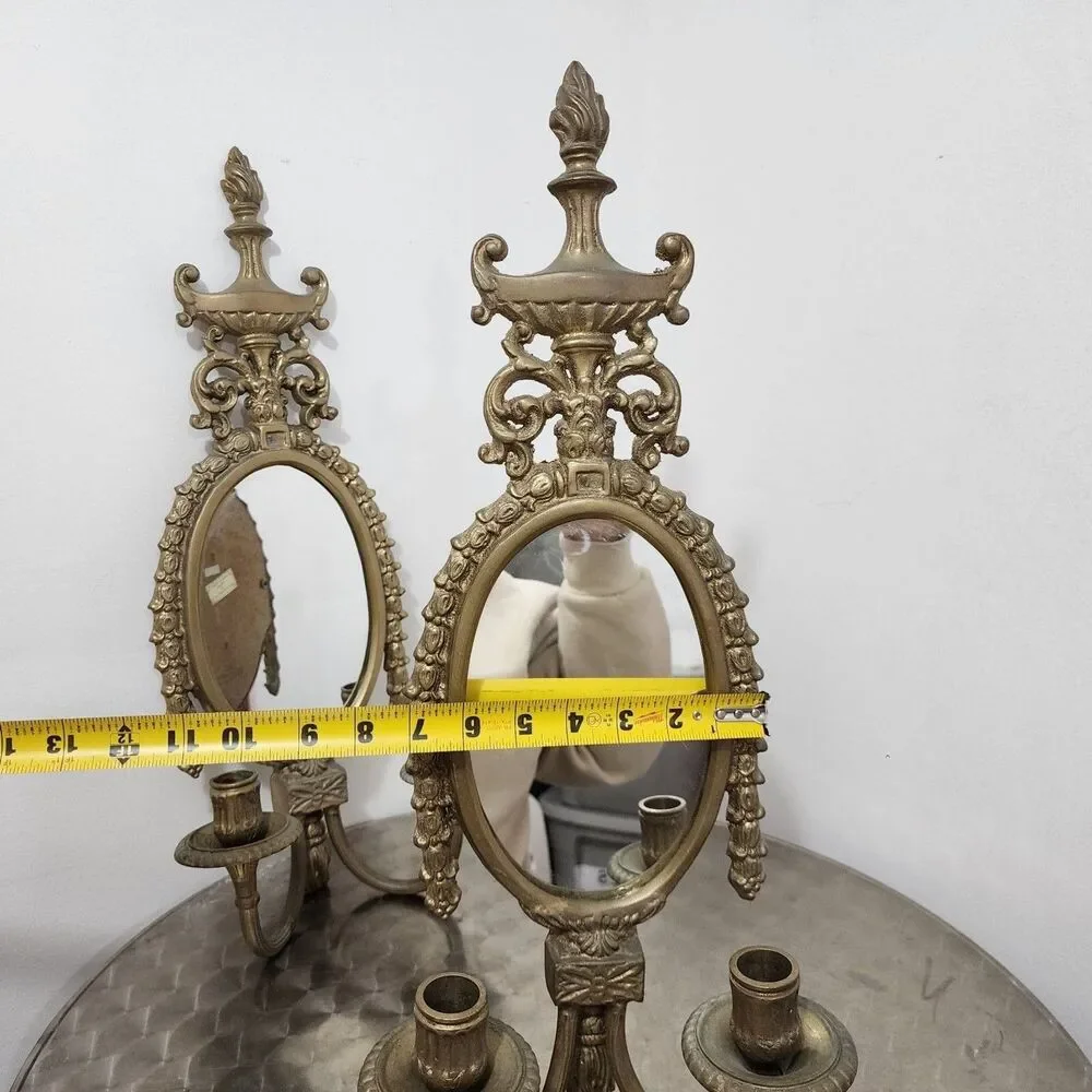 Vtg Maitland-Smith Mirrored Wall Sconces Pair Brass Bronze Vintage Candle Holder